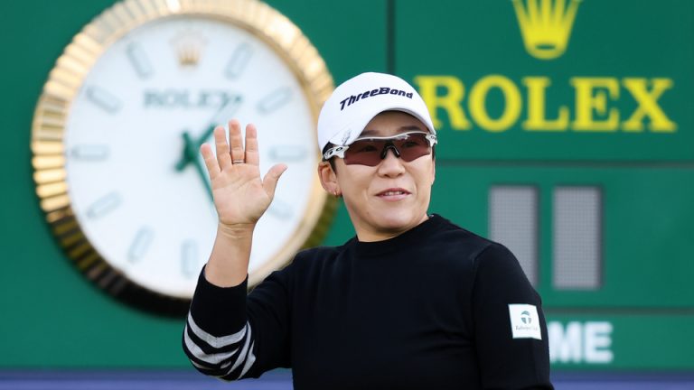 Jiyai Shin of South Korea acknowledges the crowd on the first tee during Day Three of the AIG Women
