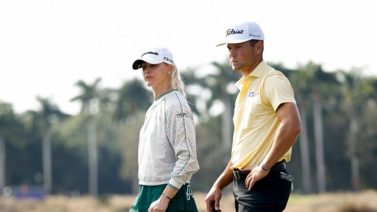 Teammates Charley Hull of England and Michael Brennan of the United States look on while playing the 13th hole during the first round of the Grant Thornton Invitational