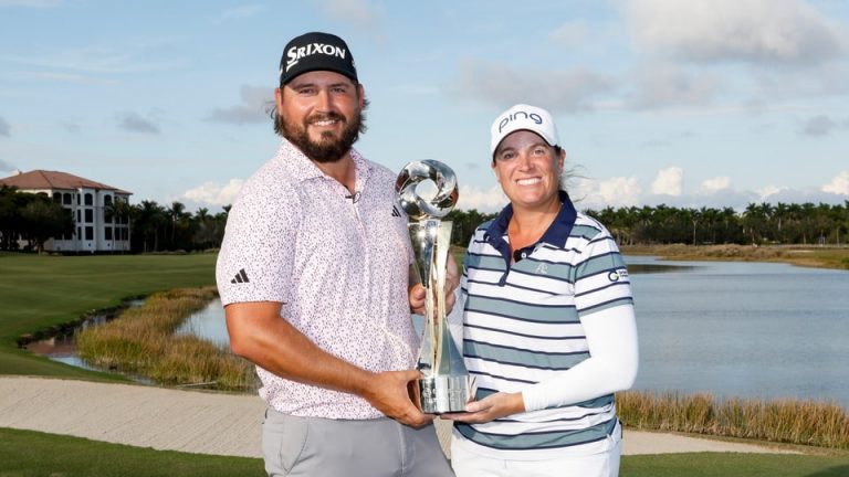 Andrew Novak of the United States and Lauren Coughlin of the United States pose with the trophy after winning the Grant Thornton Invitational