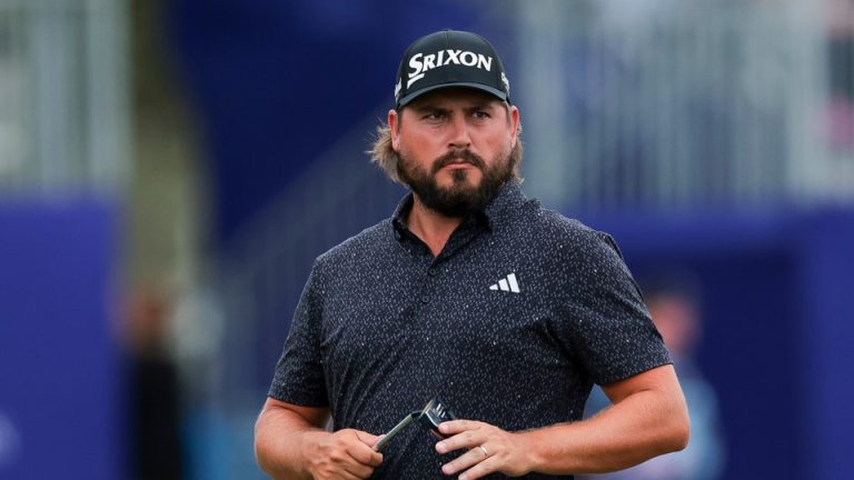 Andrew Novak of the United States looks on while playing the 18th hole during the second round of the Grant Thornton Invitational 2025 at Tiburon Golf Club
