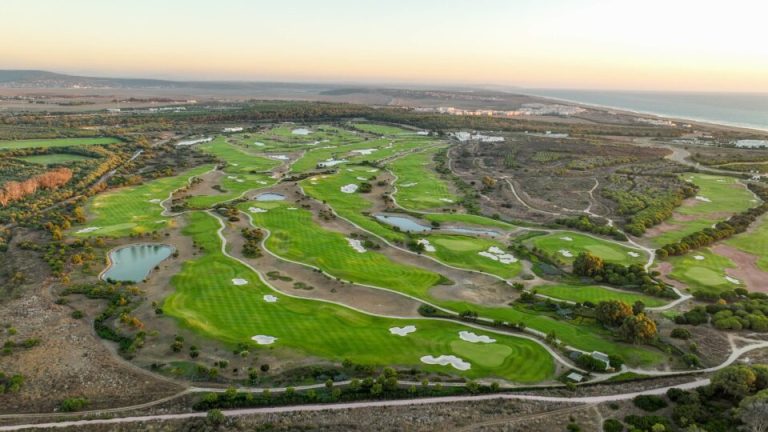 Aerial view of Al Houara Golf Club championship course in Tangier Morocco set along the Atlantic coastline