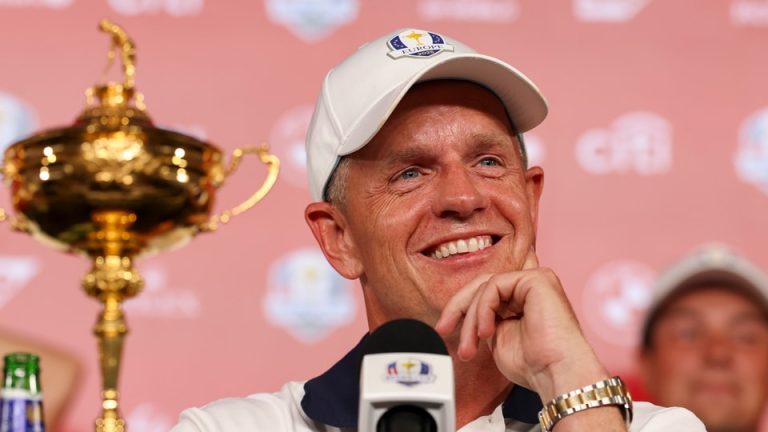 Team Europe Captain Luke Donald sits for an interview with his team after winning the 2025 Ryder Cup on the Black Course at Bethpage State Park