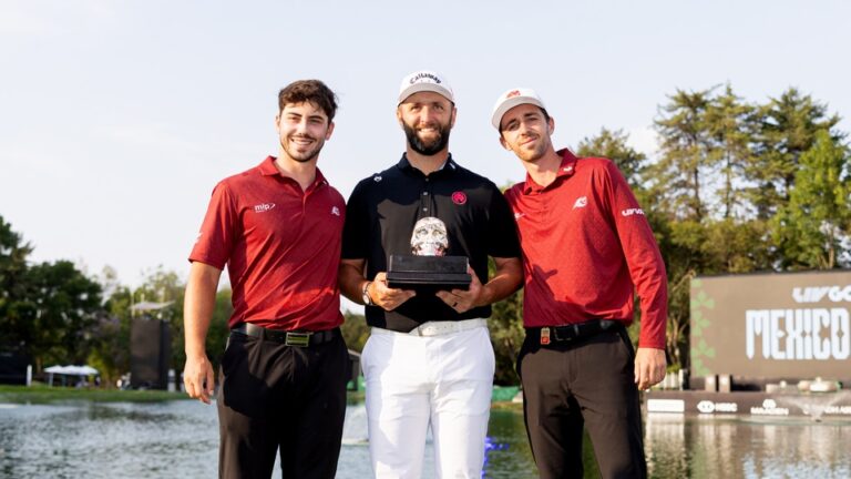 First place individual champion, Captain Jon Rahm of Legion XIII, Second place individual champion, David Puig of Fireballs GC, and Third place individual champion, Josele Ballester of Fireballs GC pose for a photo following the final round of LIV Golf Mexico City