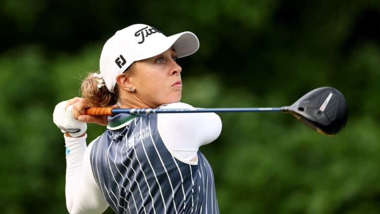 Pauline Roussin-Bouchard of France plays a shot from the second tee during the first round of the Maybank Championship 2026 at Kuala Lumpur Golf & Country Club